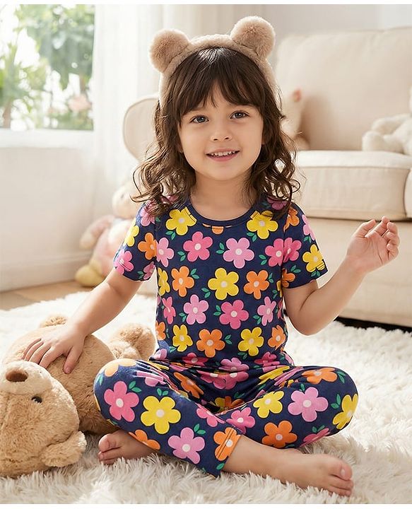Babyhug Cotton Knit Half Sleeves Co-ords Night Suit With Floral Print - Navy Blue
