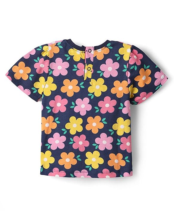 Babyhug Cotton Knit Half Sleeves Co-ords Night Suit With Floral Print - Navy Blue