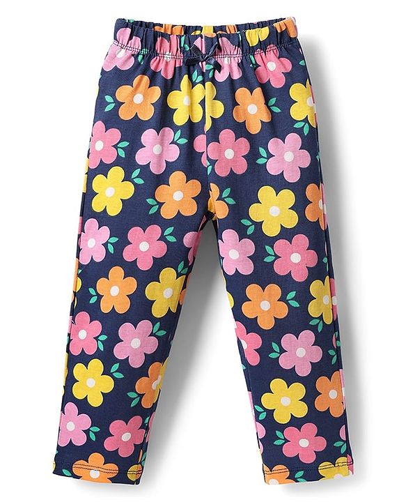 Babyhug Cotton Knit Half Sleeves Co-ords Night Suit With Floral Print - Navy Blue