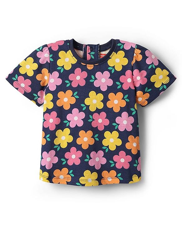 Babyhug Cotton Knit Half Sleeves Co-ords Night Suit With Floral Print - Navy Blue