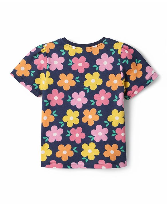 Babyhug Cotton Knit Half Sleeves Co-ords Night Suit With Floral Print - Navy Blue