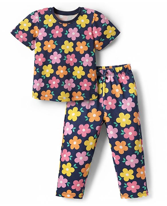 Babyhug Cotton Knit Half Sleeves Co-ords Night Suit With Floral Print - Navy Blue