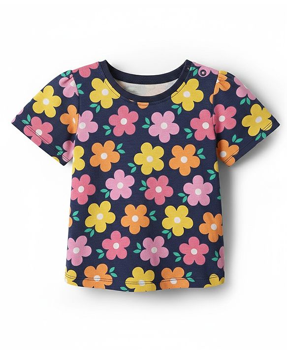 Babyhug Cotton Knit Half Sleeves Co-ords Night Suit With Floral Print - Navy Blue