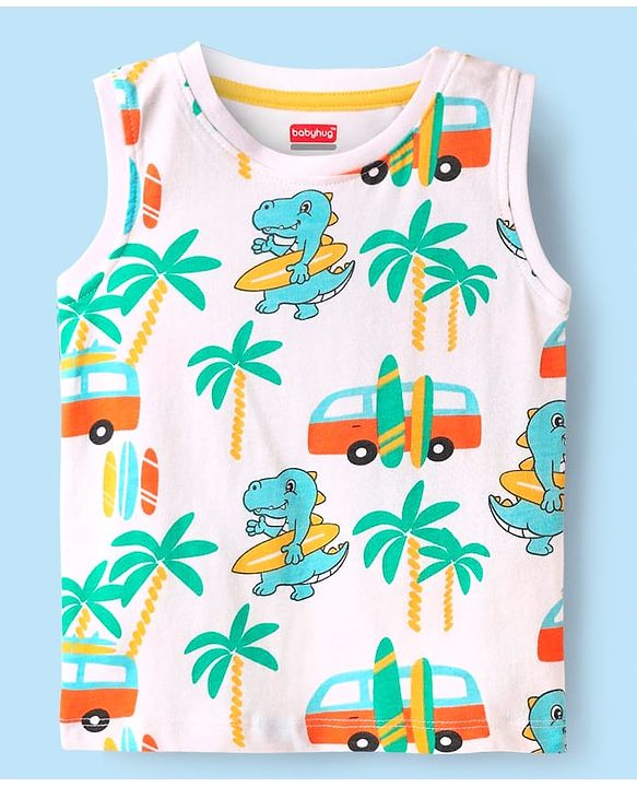 Babyhug Single Jersey Knit Sleeveless Beach Theme Printed Tank Co-ords T-Shirt & Shorts Set - White