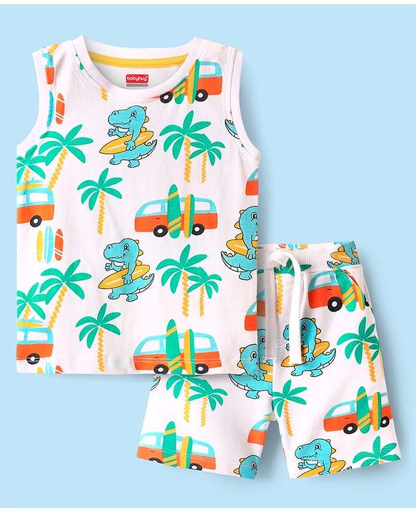 Babyhug Single Jersey Knit Sleeveless Beach Theme Printed Tank Co-ords T-Shirt & Shorts Set - White