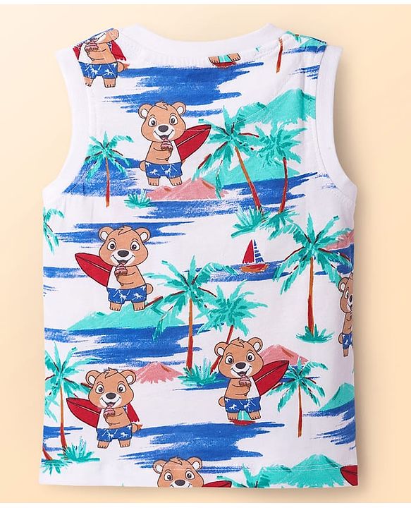 Babyhug Single Jersey Knit Sleeveless Tank T-Shirt & Shorts Co-Ord Set With Teddy Bear Print - White