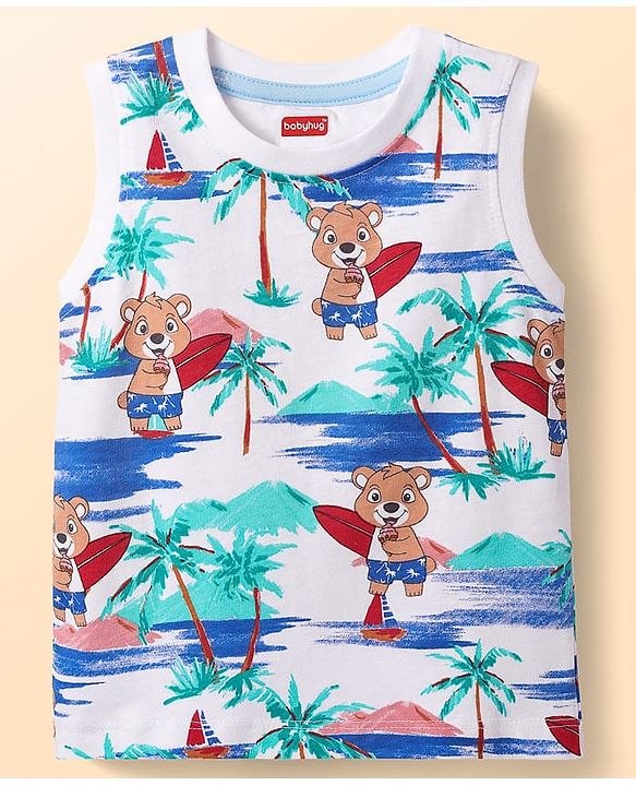 Babyhug Single Jersey Knit Sleeveless Tank T-Shirt & Shorts Co-Ord Set With Teddy Bear Print - White