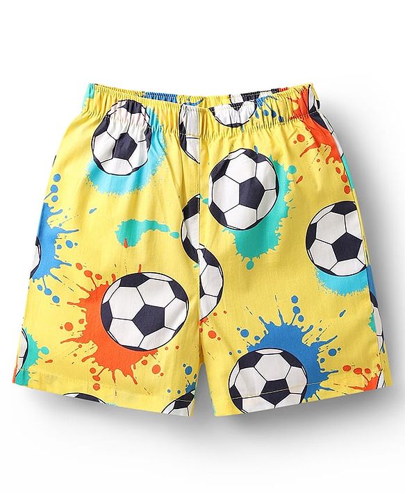 Babyhug Cotton Woven Above Knee Length Boxers With Checks & Football Print Pack Of 3 - Red Yellow & White