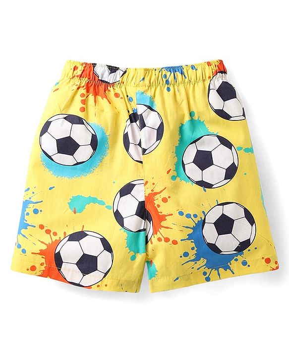 Babyhug Cotton Woven Above Knee Length Boxers With Checks & Football Print Pack Of 3 - Red Yellow & White