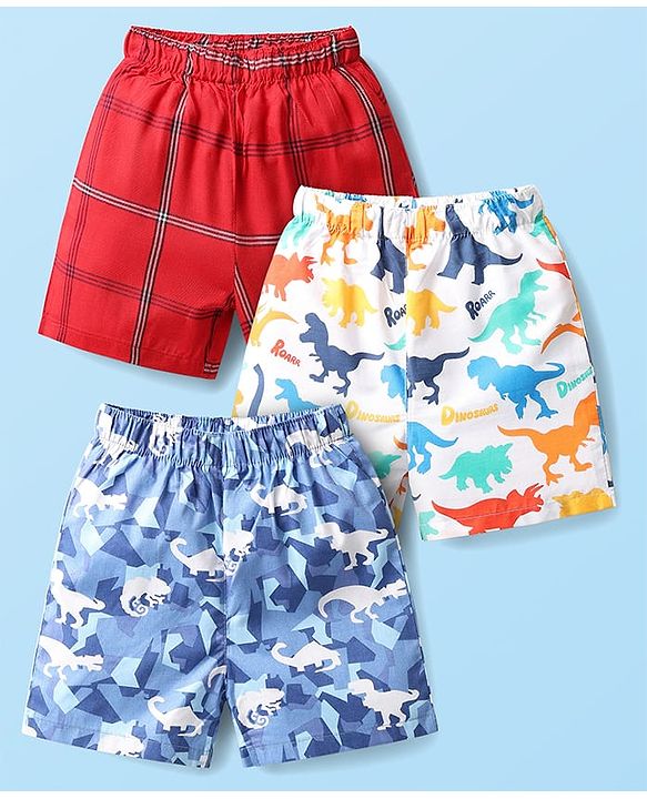 Babyhug Cotton Woven Boxers With Checks & Dino Print Pack Of 3 - Red Blue & White
