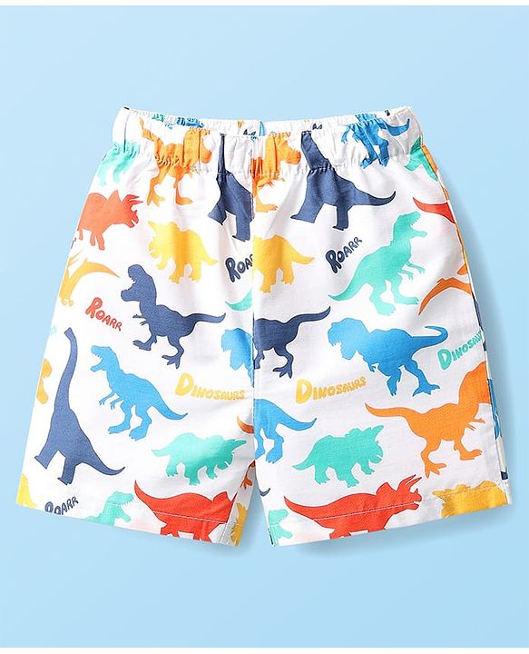 Babyhug Cotton Woven Boxers With Checks & Dino Print Pack Of 3 - Red Blue & White