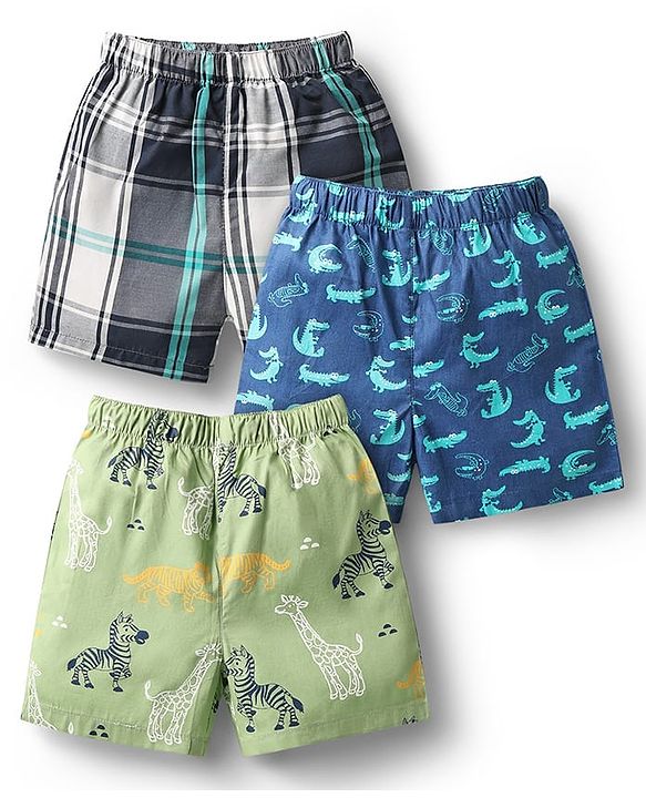 Babyhug Cotton Woven Boxers with Checks & Animal Print Pack Of 3 - Black Green & Navy Blue