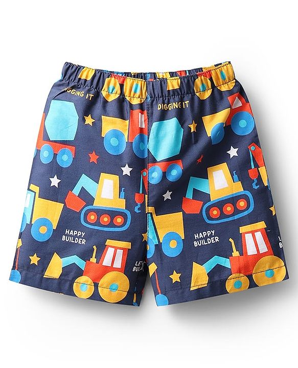 Babyhug Cotton Woven Above Knee Length Boxers With Checks & Vehicle Print Pack Of 3 - Blue