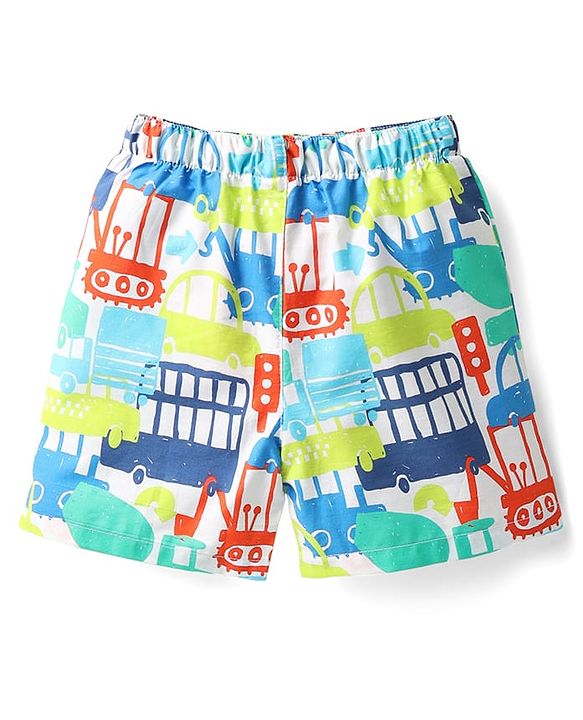 Babyhug Cotton Woven Above Knee Length Boxers With Checks & Vehicle Print Pack Of 3 - Blue