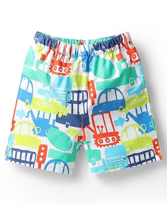 Babyhug Cotton Woven Above Knee Length Boxers With Checks & Vehicle Print Pack Of 3 - Blue