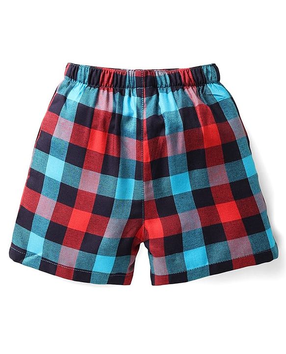 Babyhug Cotton Woven Above Knee Length Boxers With Checks & Vehicle Print Pack Of 3 - Blue
