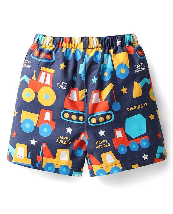 Babyhug Cotton Woven Above Knee Length Boxers With Checks & Vehicle Print Pack Of 3 - Blue
