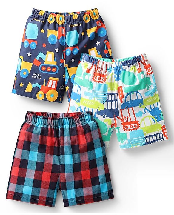Babyhug Cotton Woven Above Knee Length Boxers With Checks & Vehicle Print Pack Of 3 - Blue