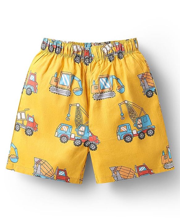 Babyhug Cotton Woven Above Knee Length Boxers With Checks & Construction Vehicle Print Pack Of 3 - Yellow Navy Blue & White