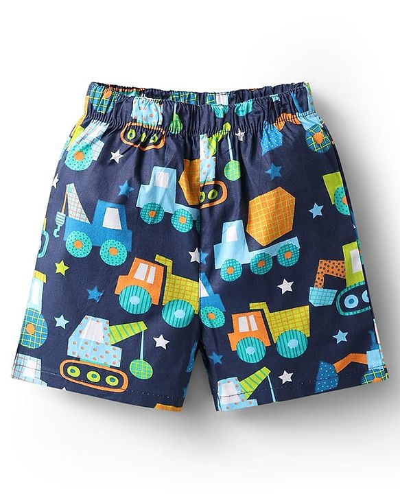 Babyhug Cotton Woven Above Knee Length Boxers With Checks & Construction Vehicle Print Pack Of 3 - Yellow Navy Blue & White