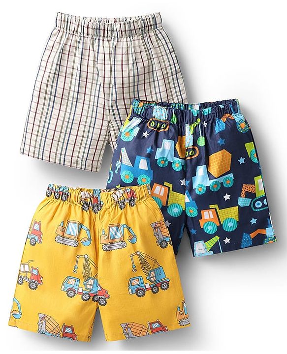 Babyhug Cotton Woven Above Knee Length Boxers With Checks & Construction Vehicle Print Pack Of 3 - Yellow Navy Blue & White