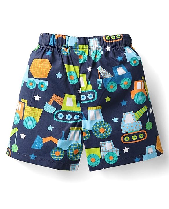 Babyhug Cotton Woven Above Knee Length Boxers With Checks & Construction Vehicle Print Pack Of 3 - Yellow Navy Blue & White