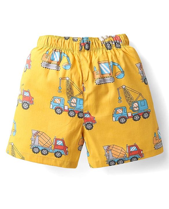 Babyhug Cotton Woven Above Knee Length Boxers With Checks & Construction Vehicle Print Pack Of 3 - Yellow Navy Blue & White