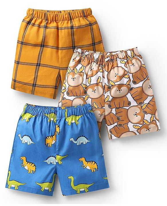 Babyhug Cotton Woven Boxers With Animal Print Pack Of 3 - Blue & White