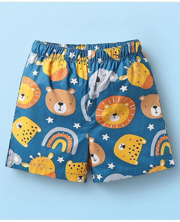 Babyhug Cotton Woven Above Knee Length Boxers With Animal & Star Print -   Navy Blue Yellow & White