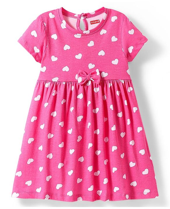 Babyhug Single Jersey Knit Half Sleeves Frock  with Rainbow & Heart Print with Bow Applique Pack of 2- Pink & Blue