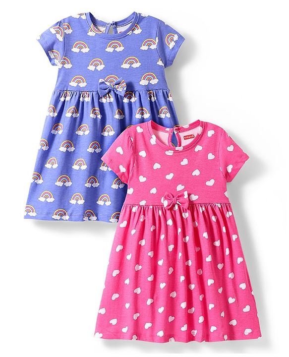 Babyhug Single Jersey Knit Half Sleeves Frock  with Rainbow & Heart Print with Bow Applique Pack of 2- Pink & Blue