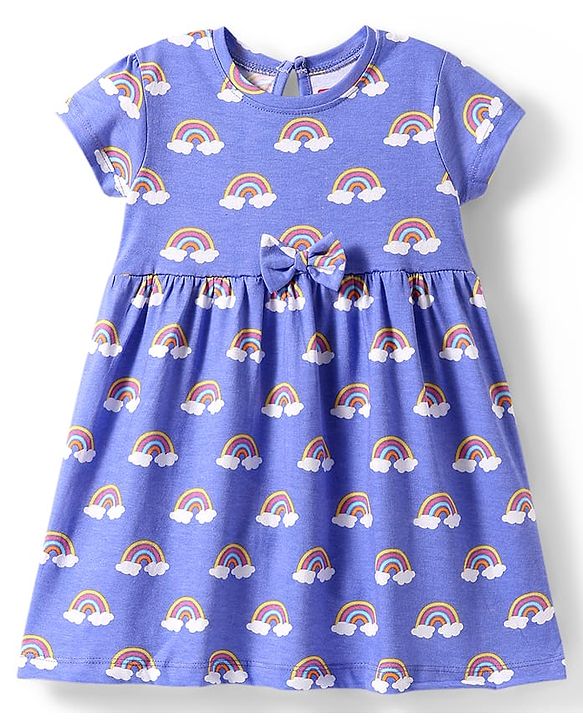 Babyhug Single Jersey Knit Half Sleeves Frock  with Rainbow & Heart Print with Bow Applique Pack of 2- Pink & Blue