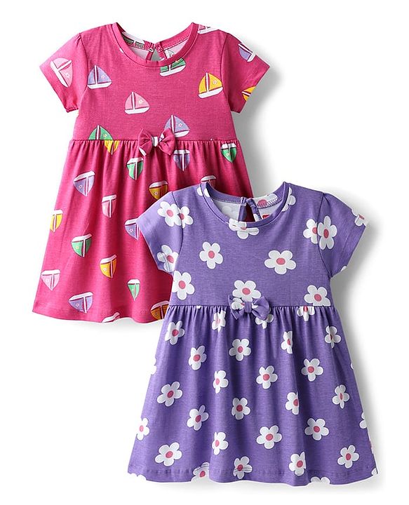 Babyhug Single Jersey Knit Half Sleeves Frocks with Ship & Floral Print Pack of 2 - Pink & Violet