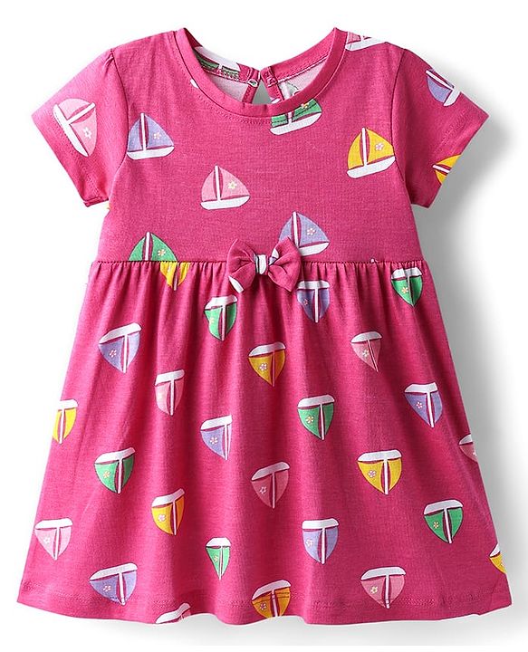 Babyhug Single Jersey Knit Half Sleeves Frocks with Ship & Floral Print Pack of 2 - Pink & Violet