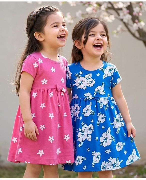Babyhug Single Jersey Knit Half Sleeves Floral Printed Frocks With Bow Applique Pack of 2 - Blue & Pink