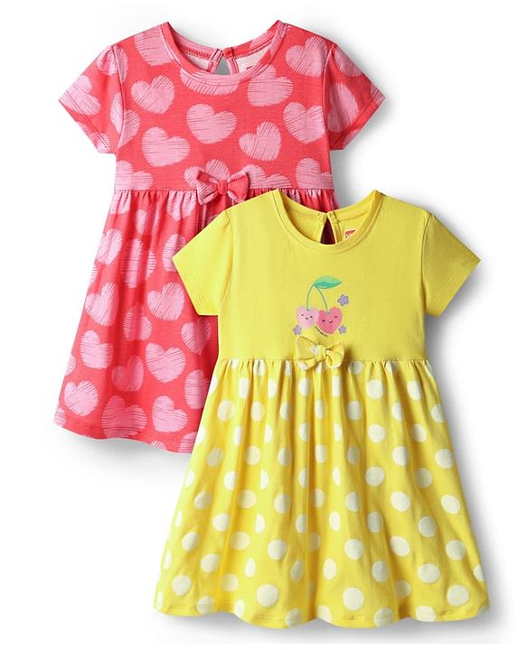 Babyhug Single Jersey Knit Half Sleeves Frocks With Polka Dots & Bow Applique Pack Of 2 - Light Green & Pink