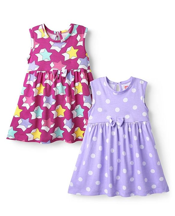 Babyhug Single Jersey Knit Sleeveless Star & Polka Dot Printed Frocks With Bow Applique Pack of 2 - Lavender & Fuchsia