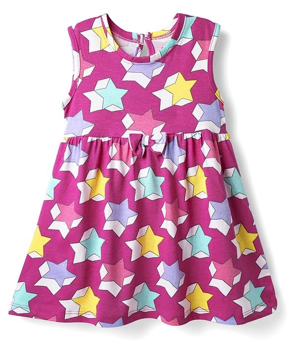 Babyhug Single Jersey Knit Sleeveless Star & Polka Dot Printed Frocks With Bow Applique Pack of 2 - Lavender & Fuchsia