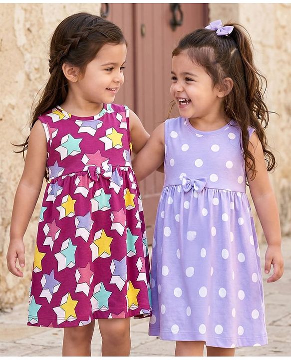 Babyhug Single Jersey Knit Sleeveless Star & Polka Dot Printed Frocks With Bow Applique Pack of 2 - Lavender & Fuchsia