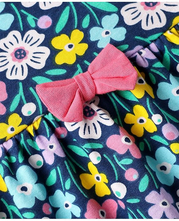 Babyhug Single Jersey Knit Half Sleeves Polka Dot & Floral Printed Frocks With Bow Applique Pack of 2 - Navy Blue & Pink