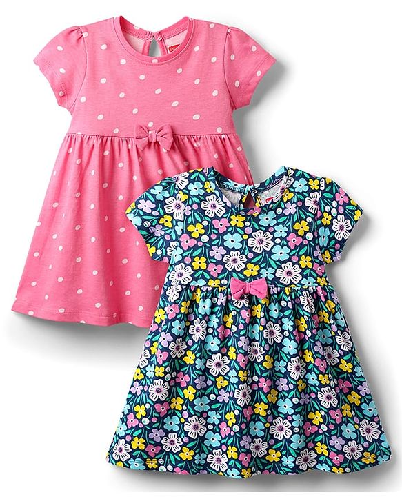 Babyhug Single Jersey Knit Half Sleeves Polka Dot & Floral Printed Frocks With Bow Applique Pack of 2 - Navy Blue & Pink