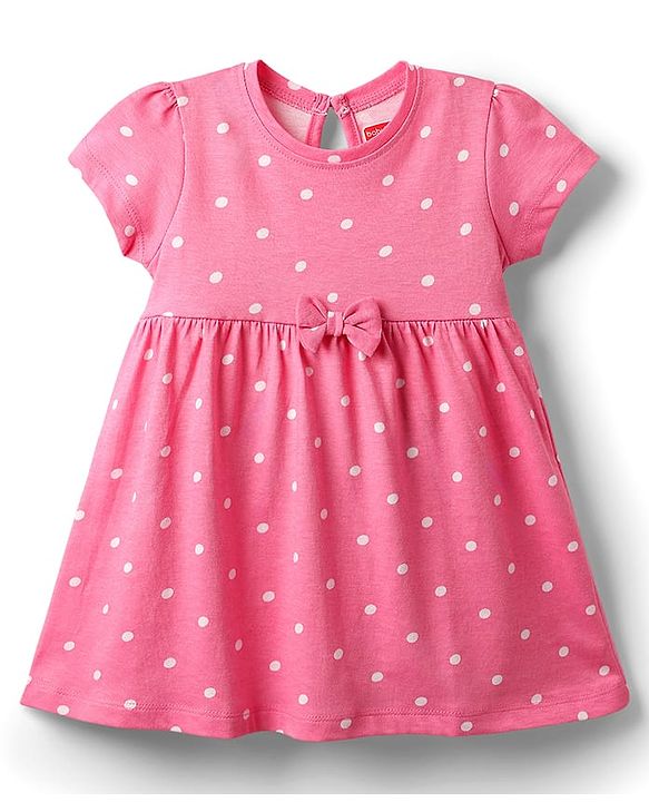 Babyhug Single Jersey Knit Half Sleeves Polka Dot & Floral Printed Frocks With Bow Applique Pack of 2 - Navy Blue & Pink