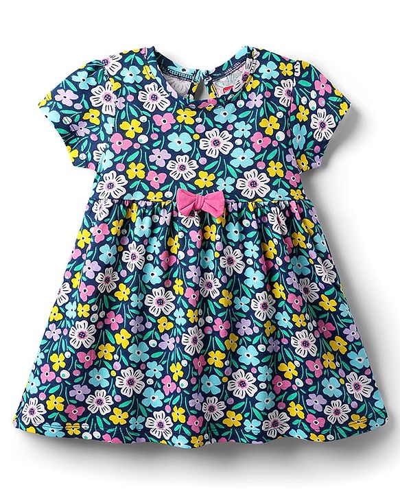 Babyhug Single Jersey Knit Half Sleeves Polka Dot & Floral Printed Frocks With Bow Applique Pack of 2 - Navy Blue & Pink