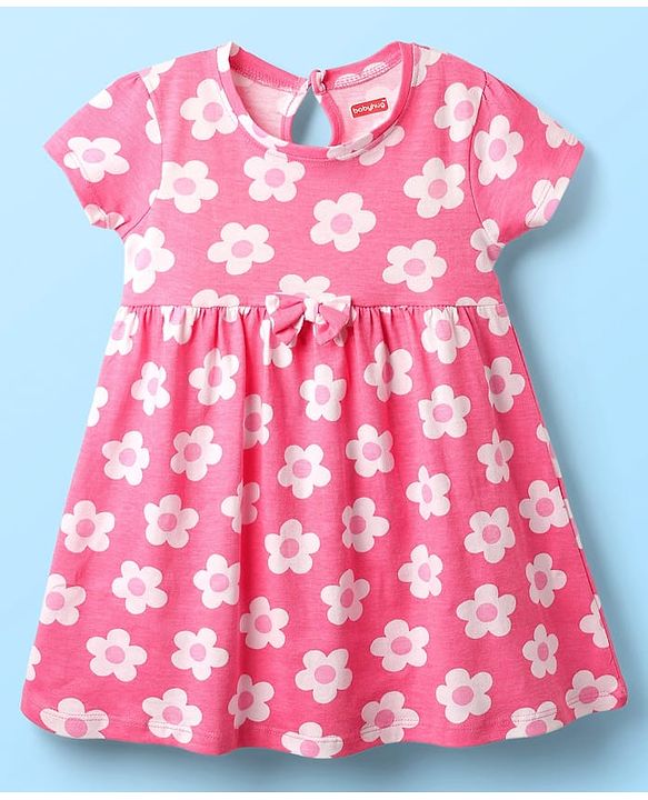 Babyhug Single Jersey Knit Half Sleeves Floral & Ice Cream Printed Frocks With Bow Applique Pack of 2 - Yellow & Pink