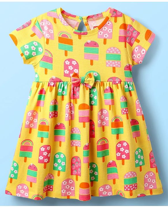 Babyhug Single Jersey Knit Half Sleeves Floral & Ice Cream Printed Frocks With Bow Applique Pack of 2 - Yellow & Pink