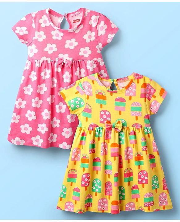 Babyhug Single Jersey Knit Half Sleeves Floral & Ice Cream Printed Frocks With Bow Applique Pack of 2 - Yellow & Pink