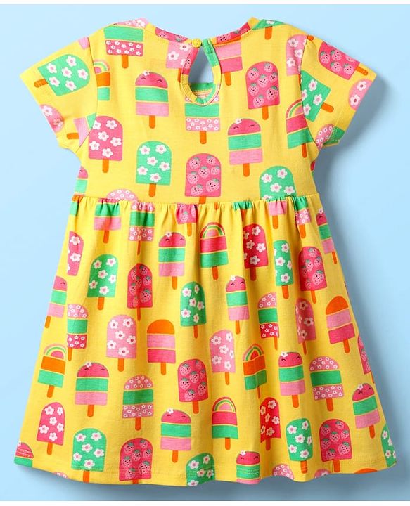 Babyhug Single Jersey Knit Half Sleeves Floral & Ice Cream Printed Frocks With Bow Applique Pack of 2 - Yellow & Pink