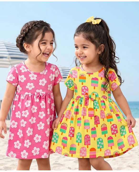 Babyhug Single Jersey Knit Half Sleeves Floral & Ice Cream Printed Frocks With Bow Applique Pack of 2 - Yellow & Pink