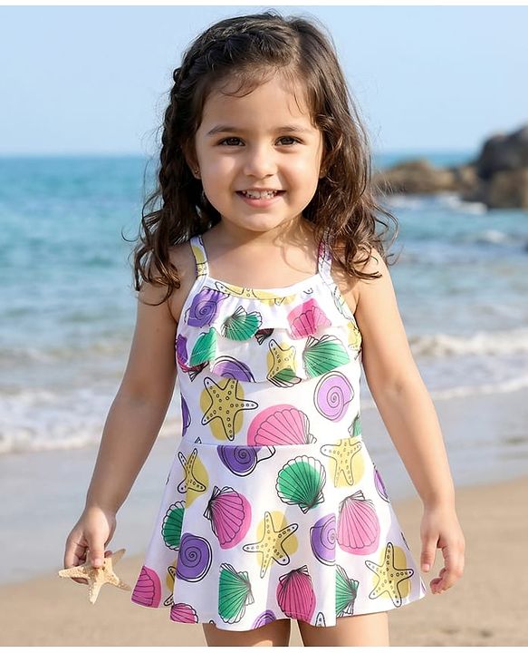 Babyhug Water Repellent Shell Printed Sleeveless Frock Swimsuit - White