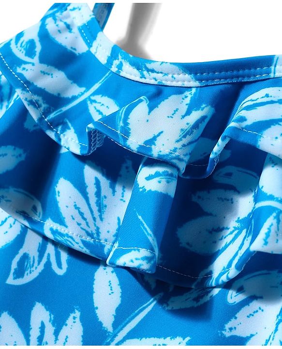 Babyhug Water Repellant Sleeveless Frock Swimsuit With Floral Print - Light Blue